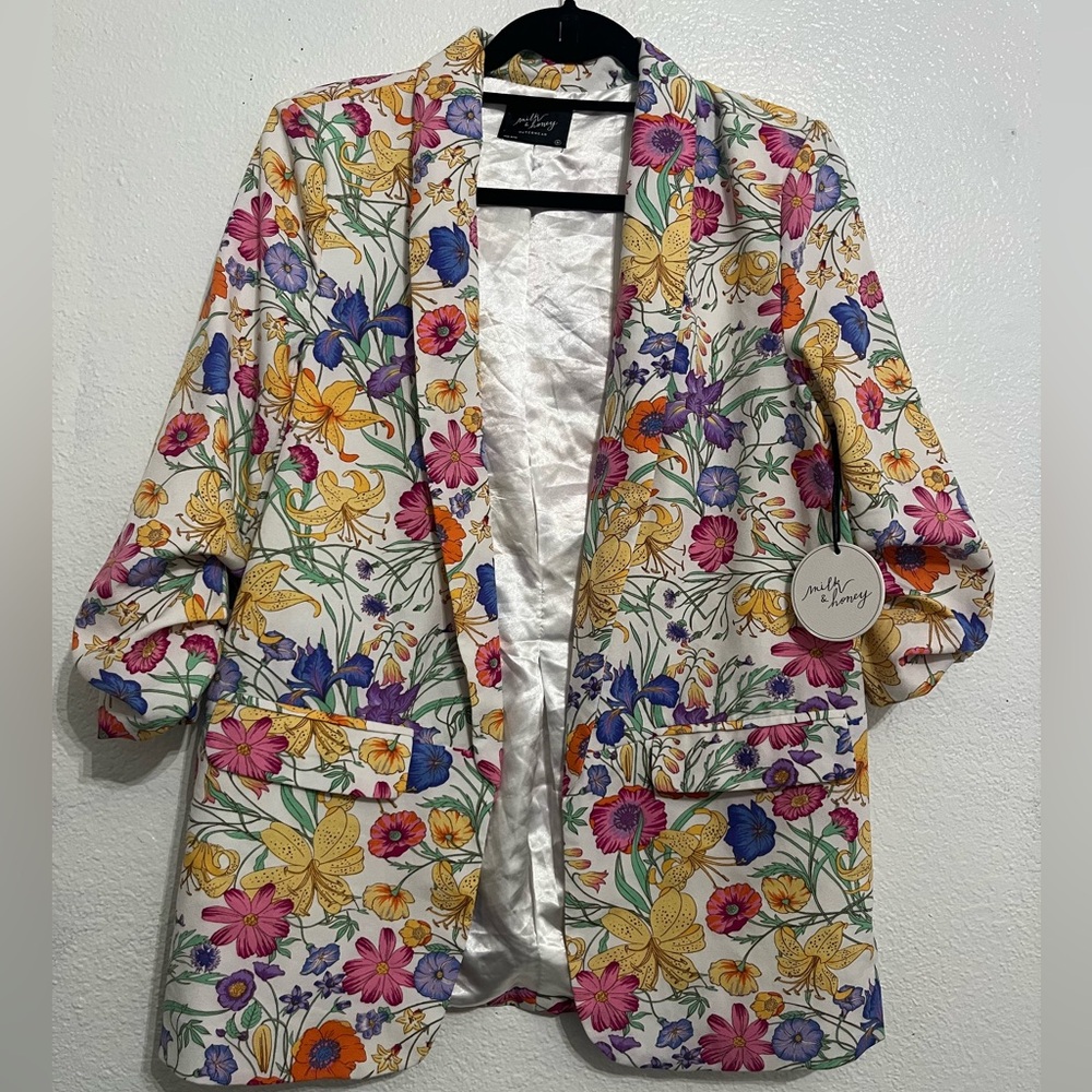 Milk & Honey Floral Chiffon Blazer Jacket White Multi Medium Open Front